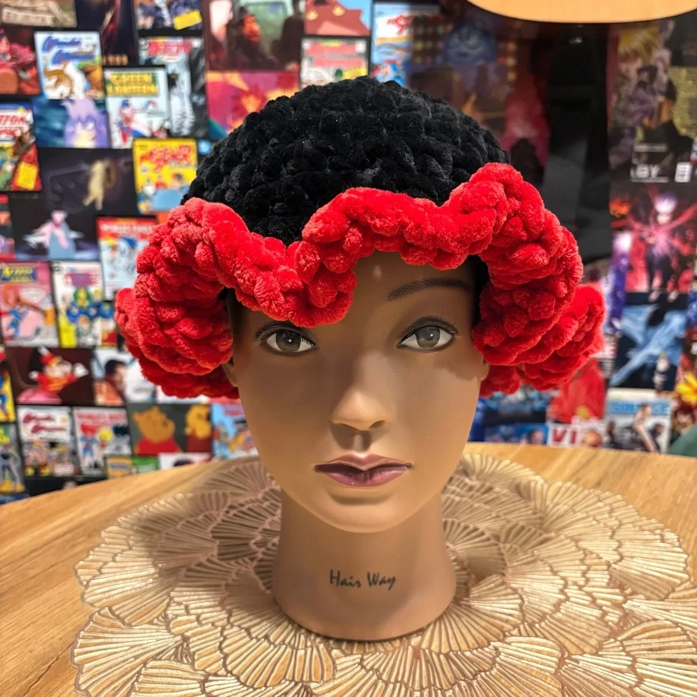 Handmade Crochet Black & Red Ruffle Hat | Chunky Yarn | drbeancrafts - Picture 1 of 5
